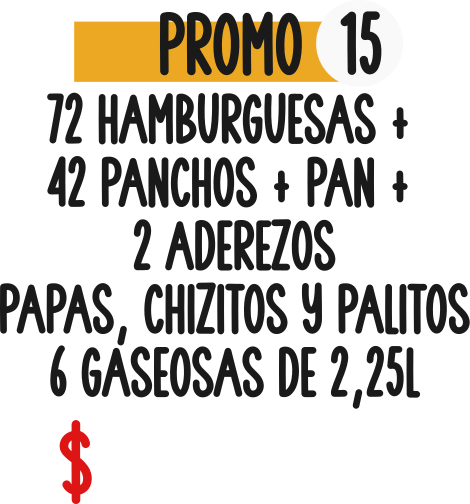72 Hamburguesas + 42 Panchos, snacks y gaseosas