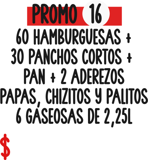 60 Hamburguesas + 30 Panchos cortos, snaks y gasesosas